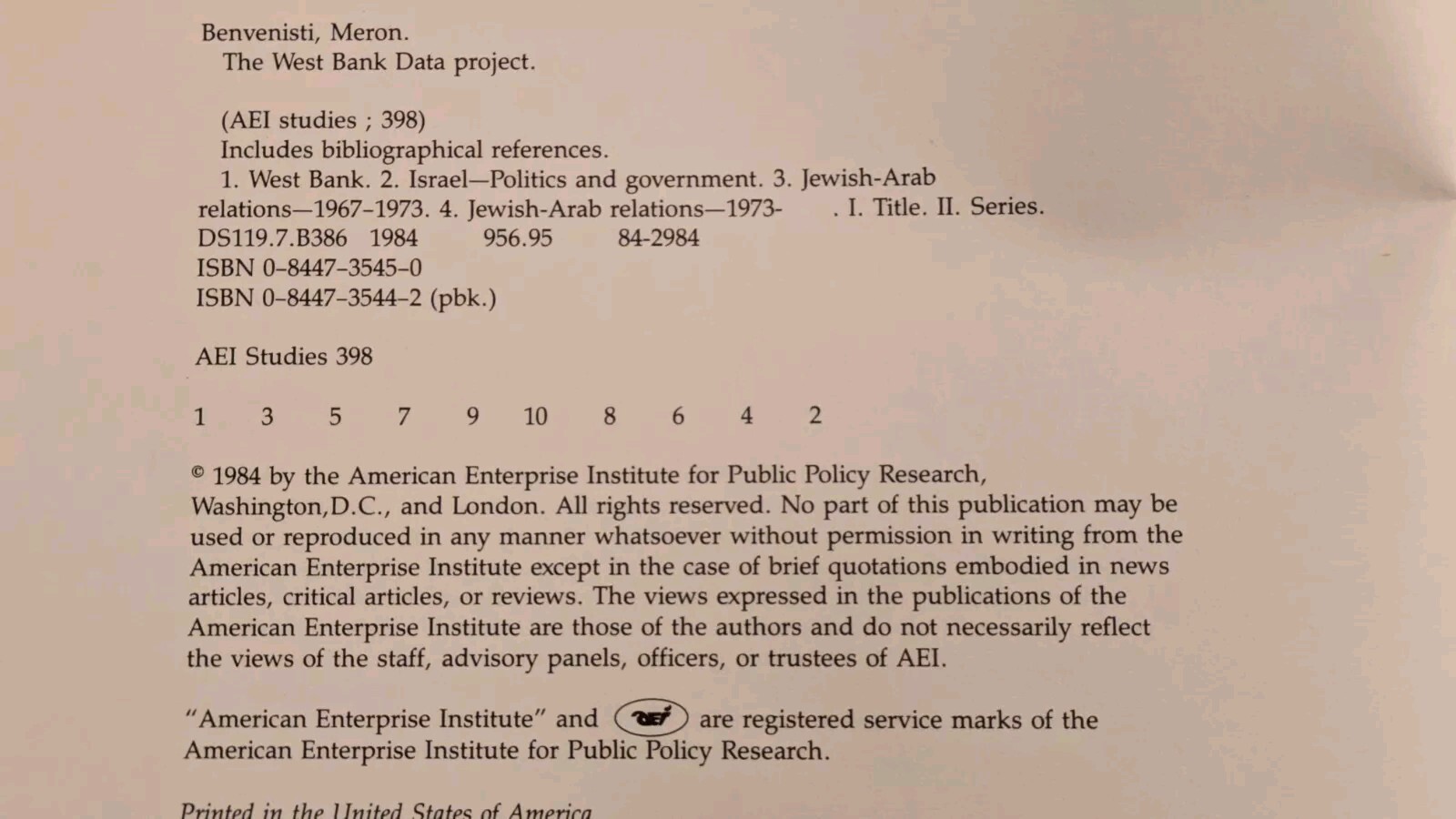 Benvenisti, WEST BANK DATA PROJECT: A SURVEY OF ISRAEL’S POLICIES, HB, DJ, 1984