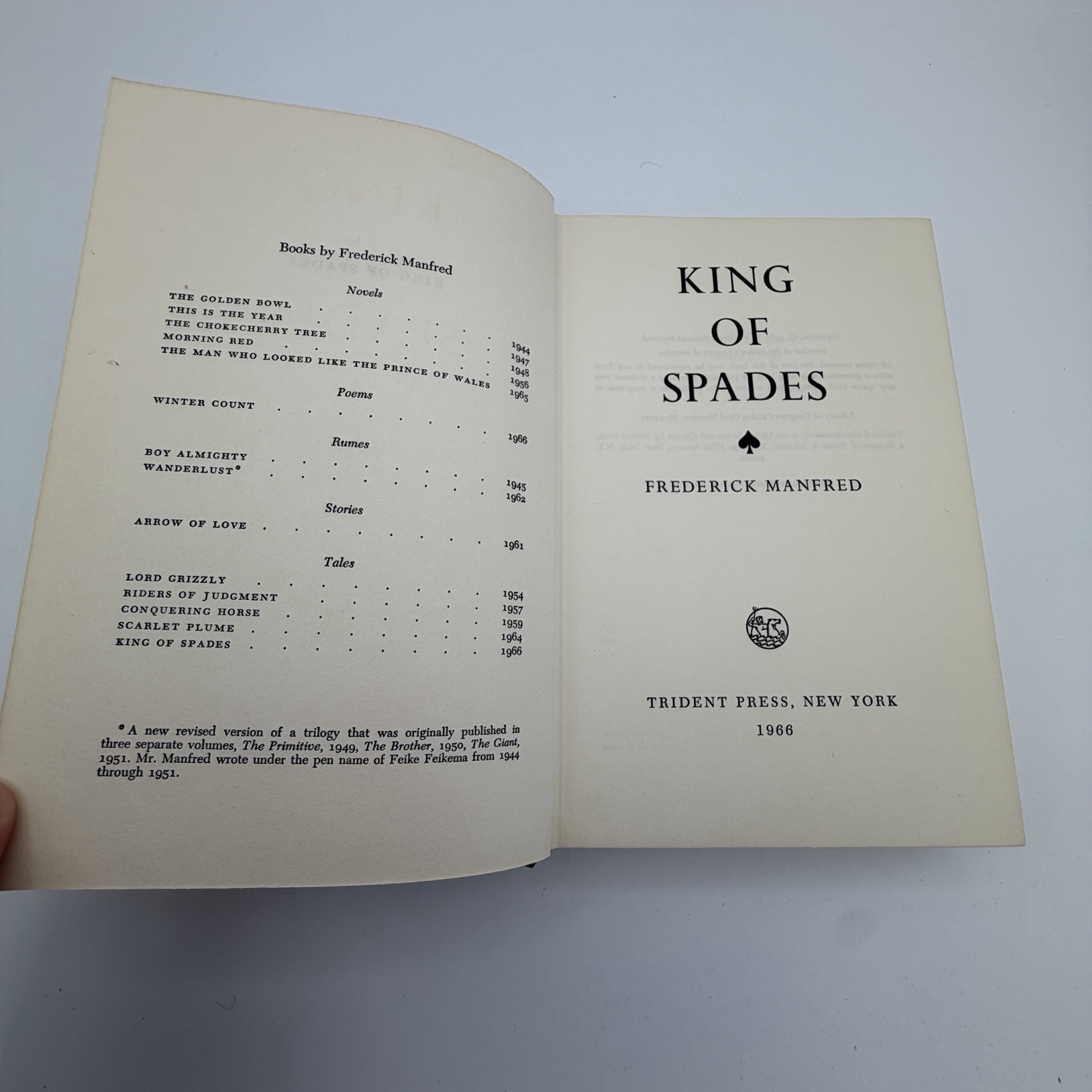 King of Spades by Frederick Manfred HCDJ 1st First Edition Trident Press 1966