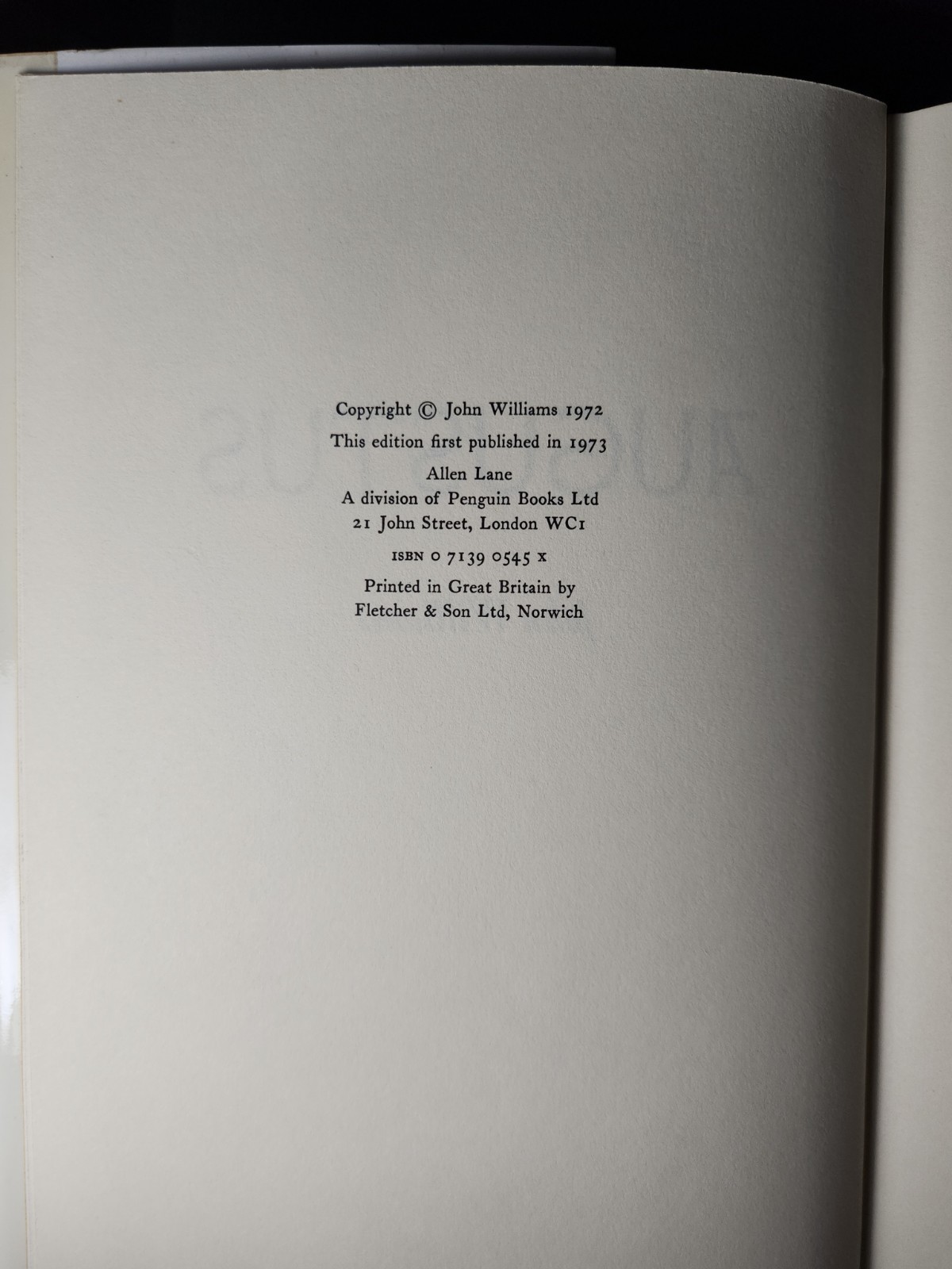 John Williams / Augustus / First U.K. Edition/Printing Book DJ 1973