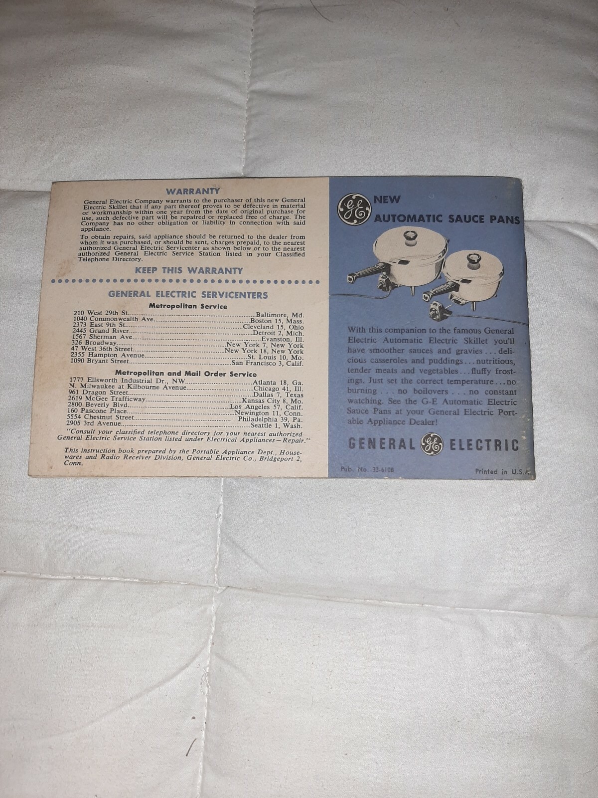 USE AND CARE BOOK FOR GE GENERAL ELECTRIC Automatic Skillet C111 plus recipes