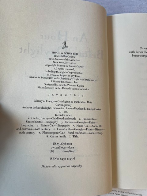 “An Hour Before Daylight” Jimmy Carter signed book like new condition