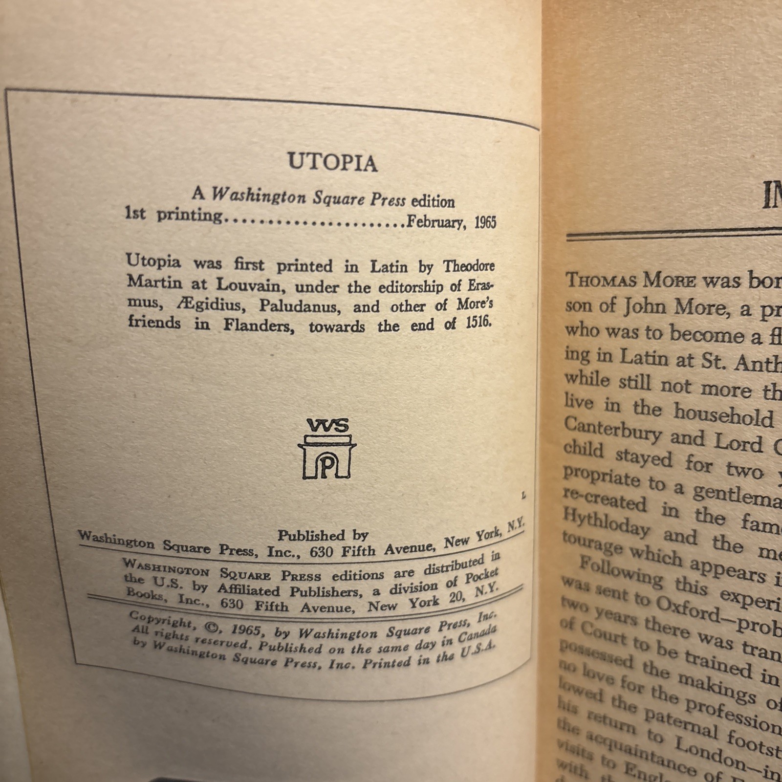 Utopia by Sir Thomas More 1965 1st print Washington Square Press