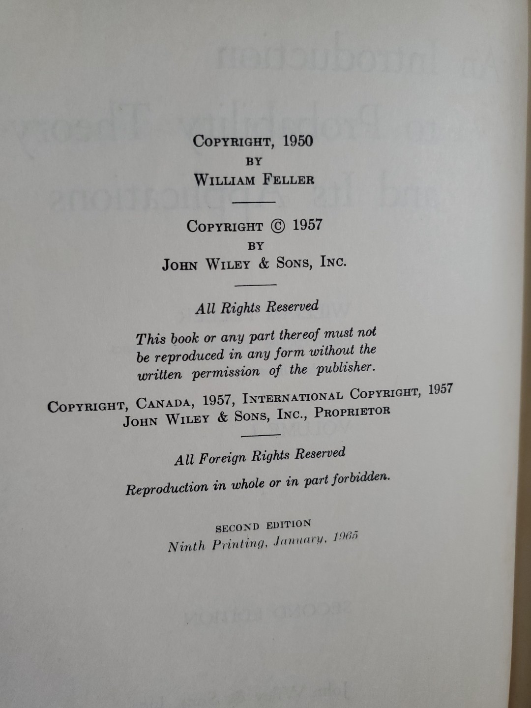 Feller Introduction to Probability Theory Vol 1 2nd Ed 1965 Wiley HC
