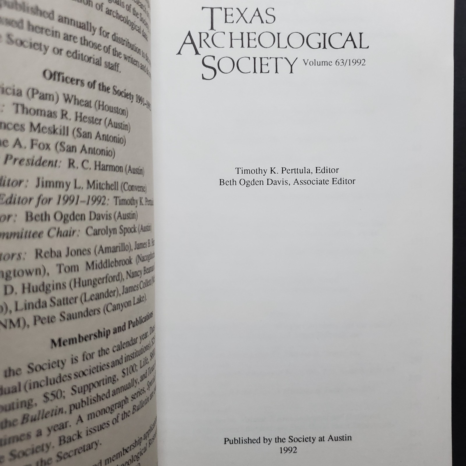 Vintage Texas Archeological Society-Volume 63 (1992 Trade Paperback)