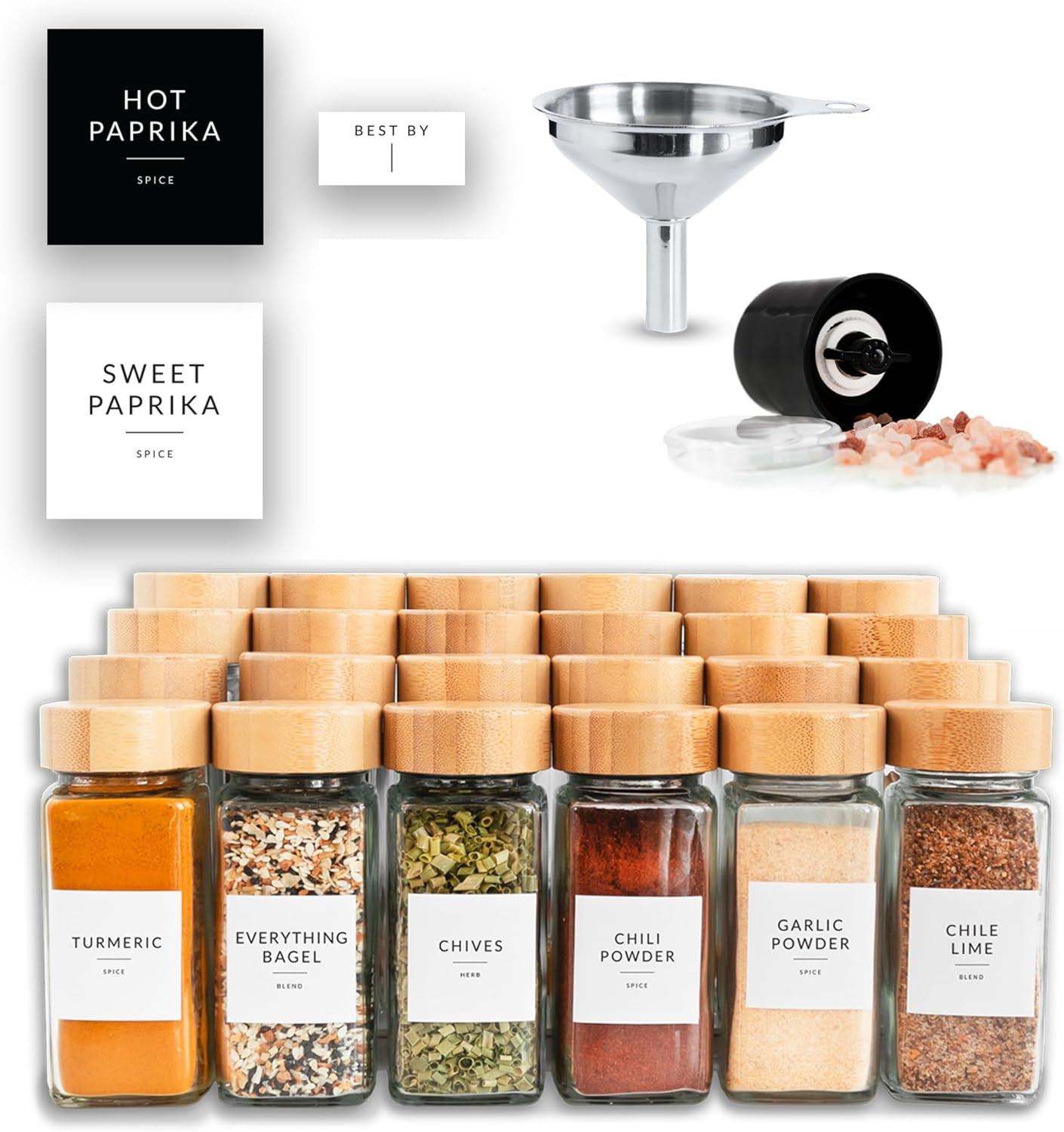 Glass Spice Jars with Label, 24PK Bamboo Jar Spices Set 4Oz, 374 Spice Labels, P