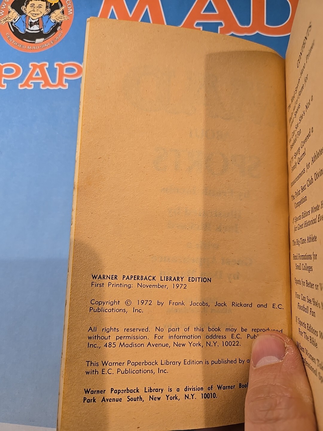 MAD Magazine Paperback Book: MAD ABOUT SPORTS 1972 Warner 1st Print VGFN
