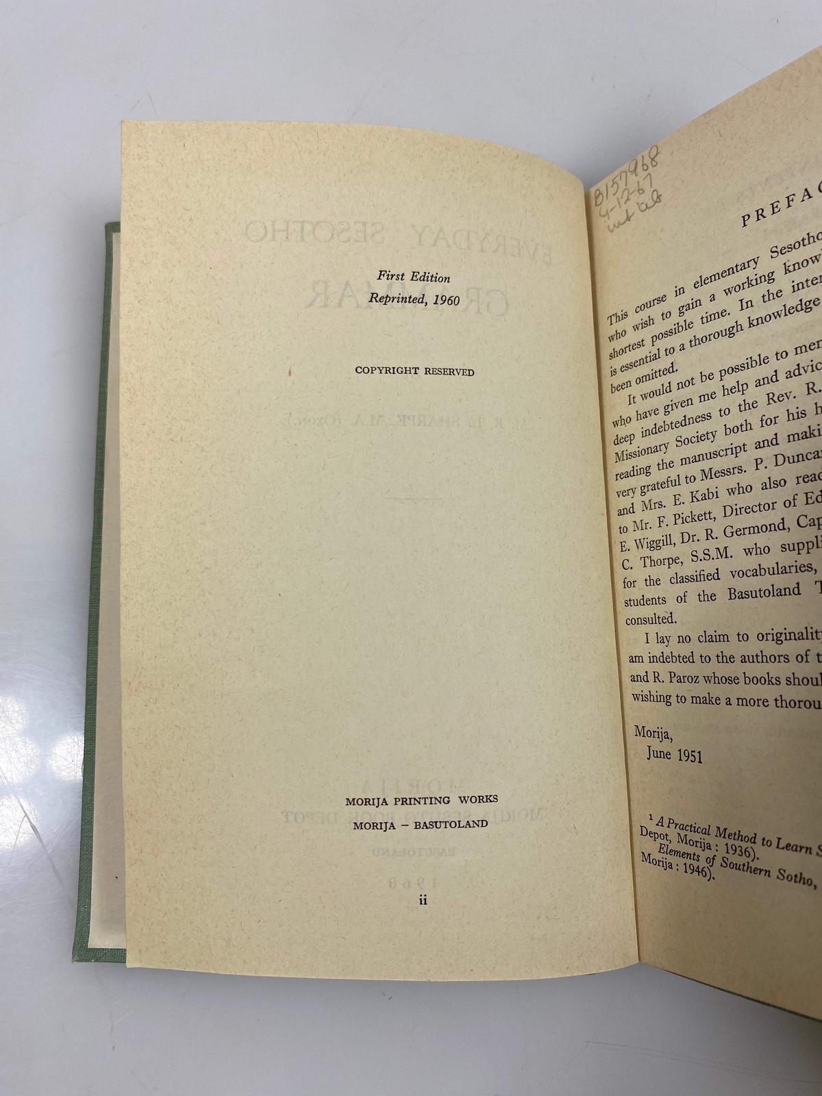 Everyday Sesotho Grammar by Sharpe Ex-library 1960 HC