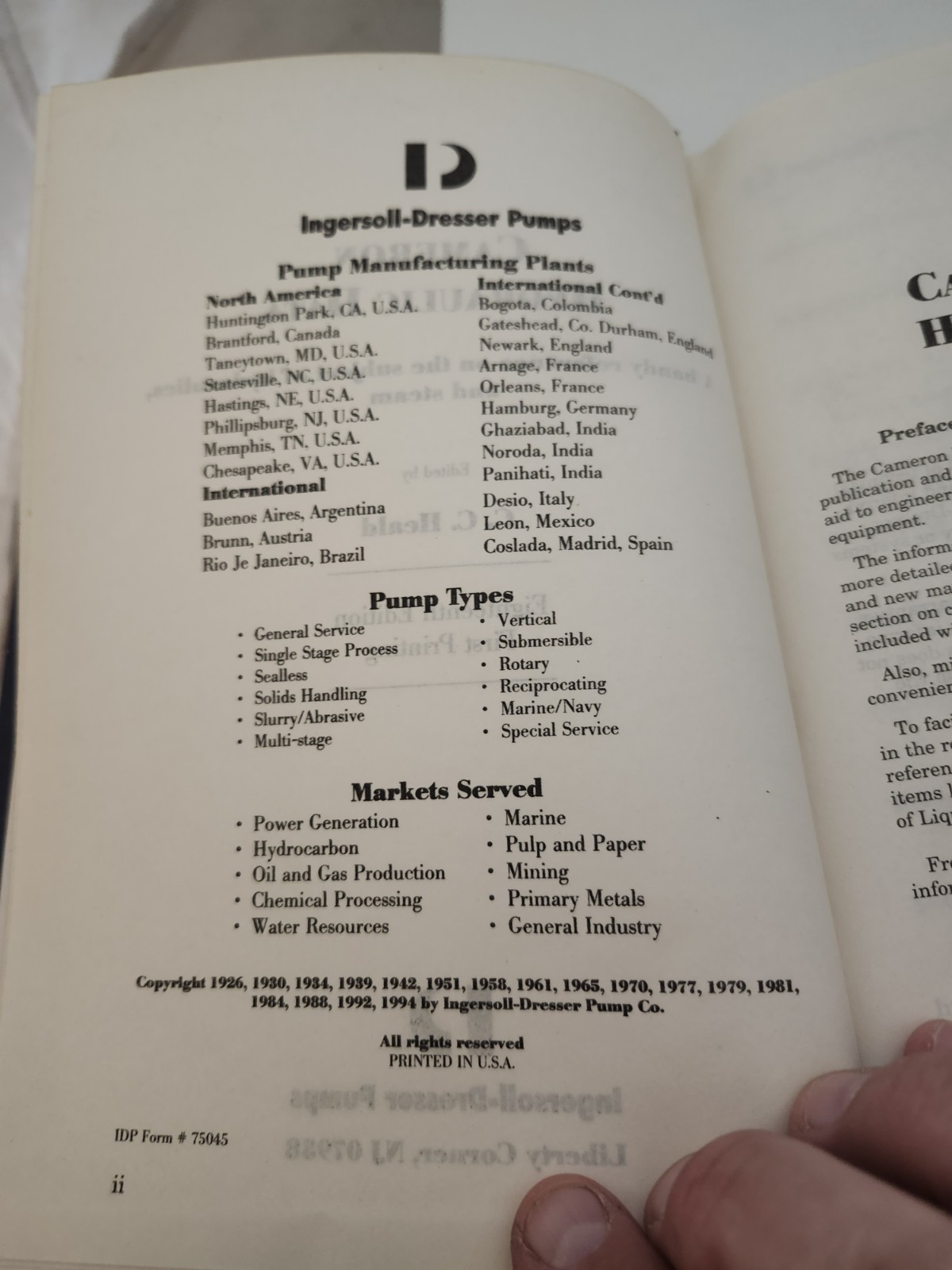 Cameron Hydraulic Data 18th Edition Second Printing by C.C. Heald | 1995