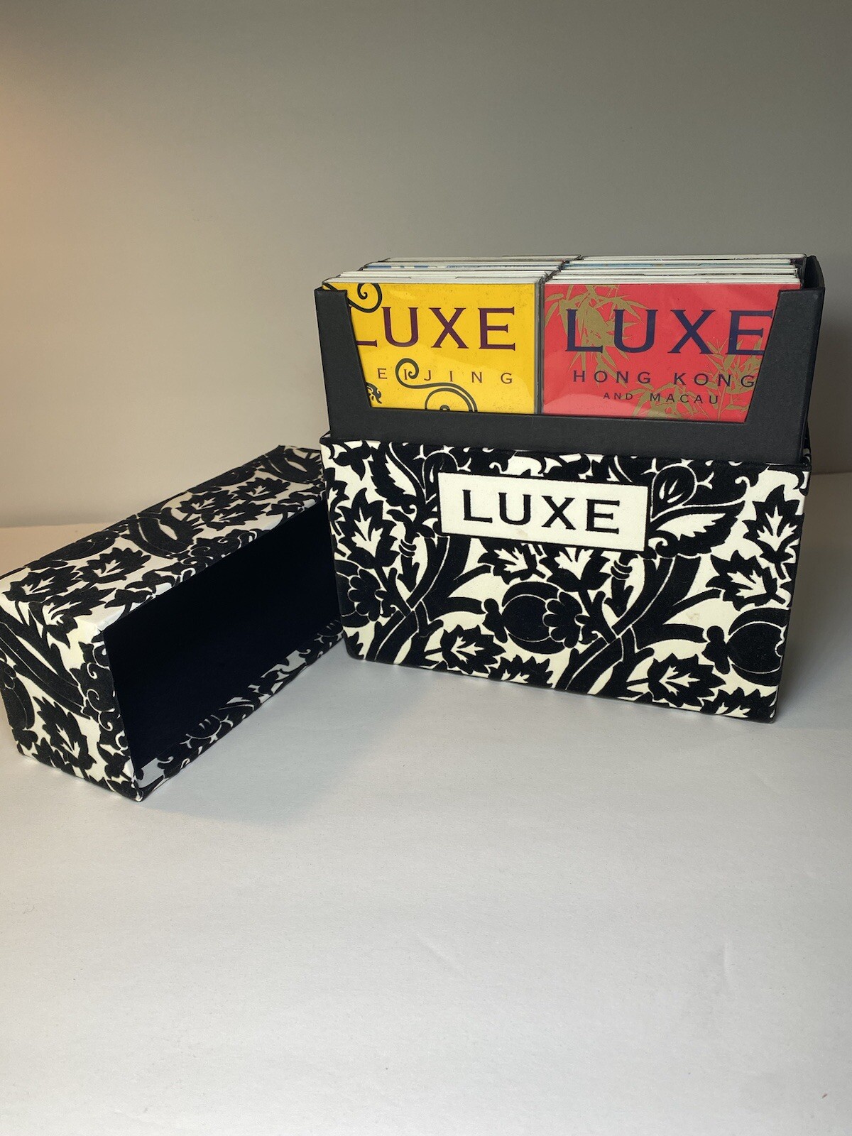 Luxe City Guides in Box, set of 12 in black flocked on white bkgd Travel Gift