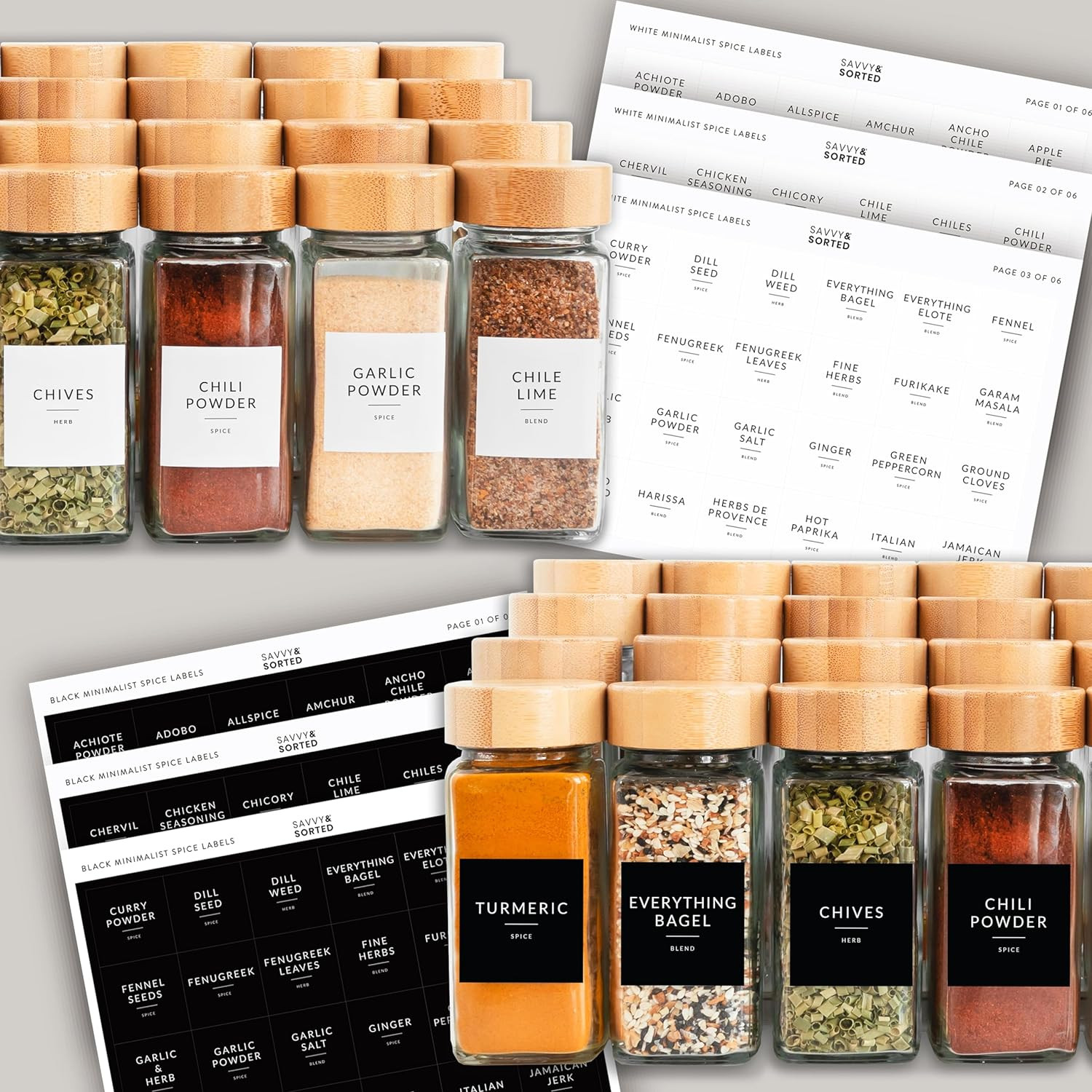 Glass Spice Jars with Label, 24PK Bamboo Jar Spices Set 4Oz, 374 Spice Labels, P