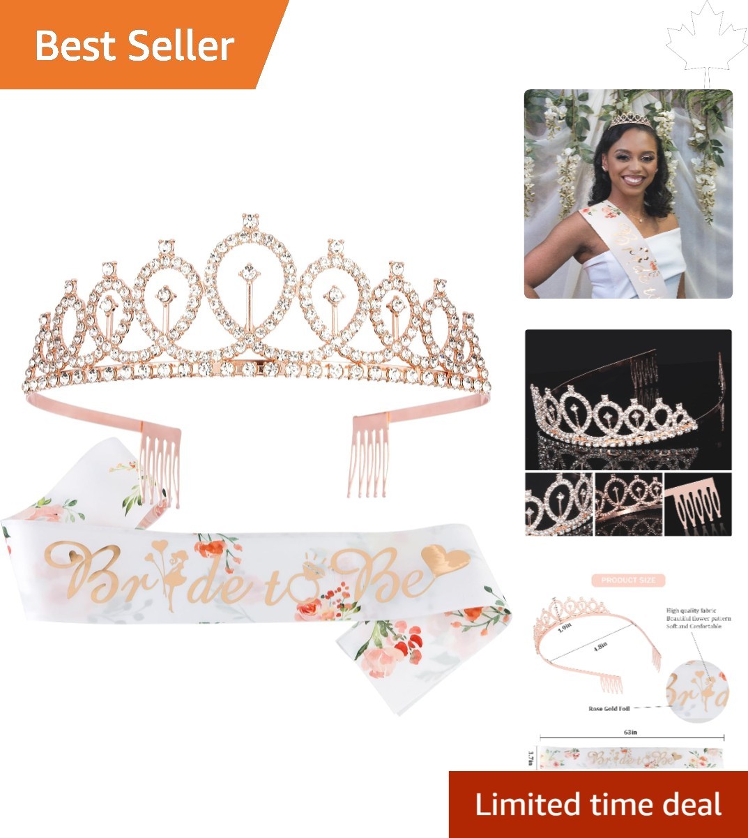 Elegant Bridal Shower Set: Rose Gold Sash and Dazzling Tiara for Celebrations