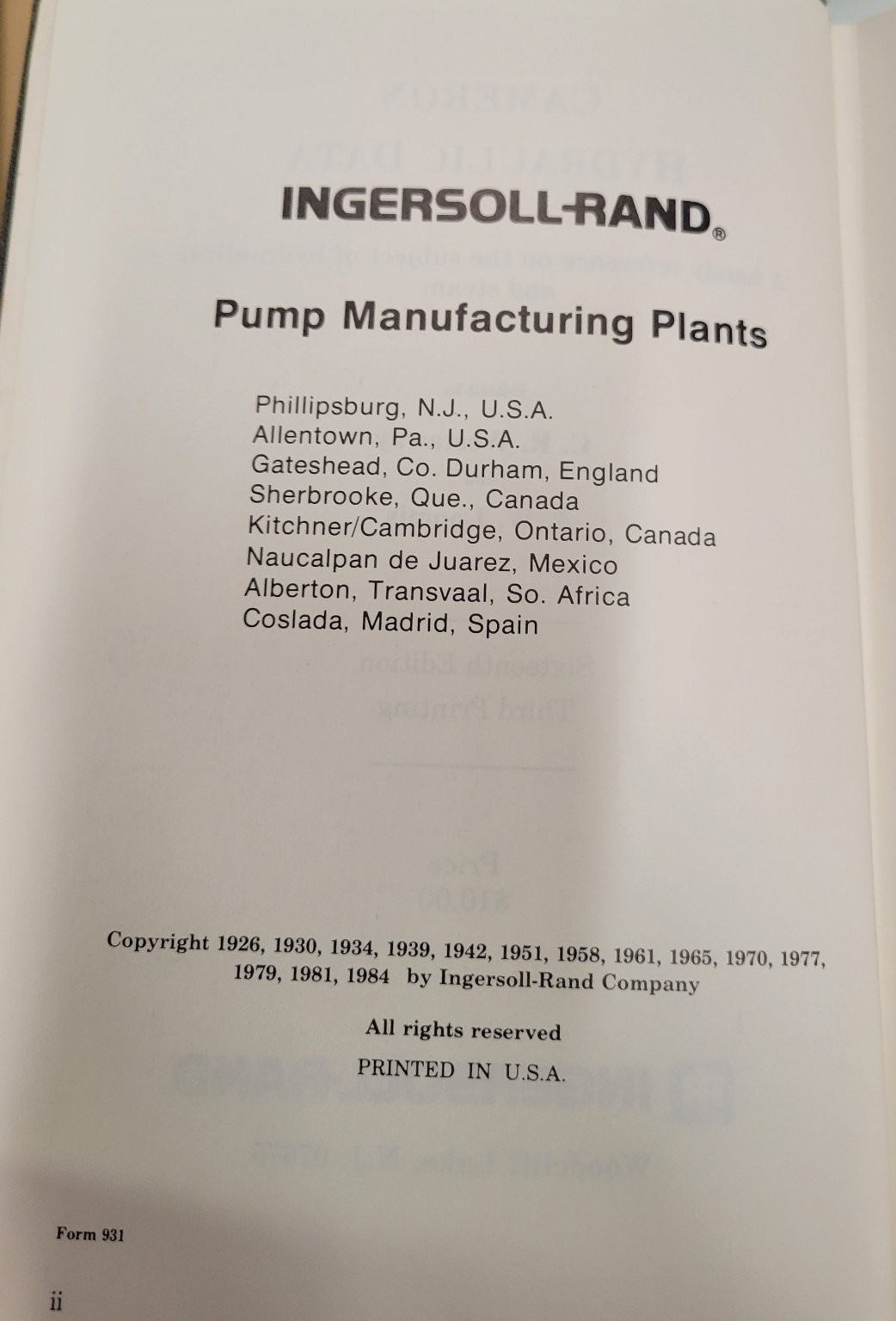 Cameron Hydraulic Data Westaway Loomis 1984 16th Edition Engineering