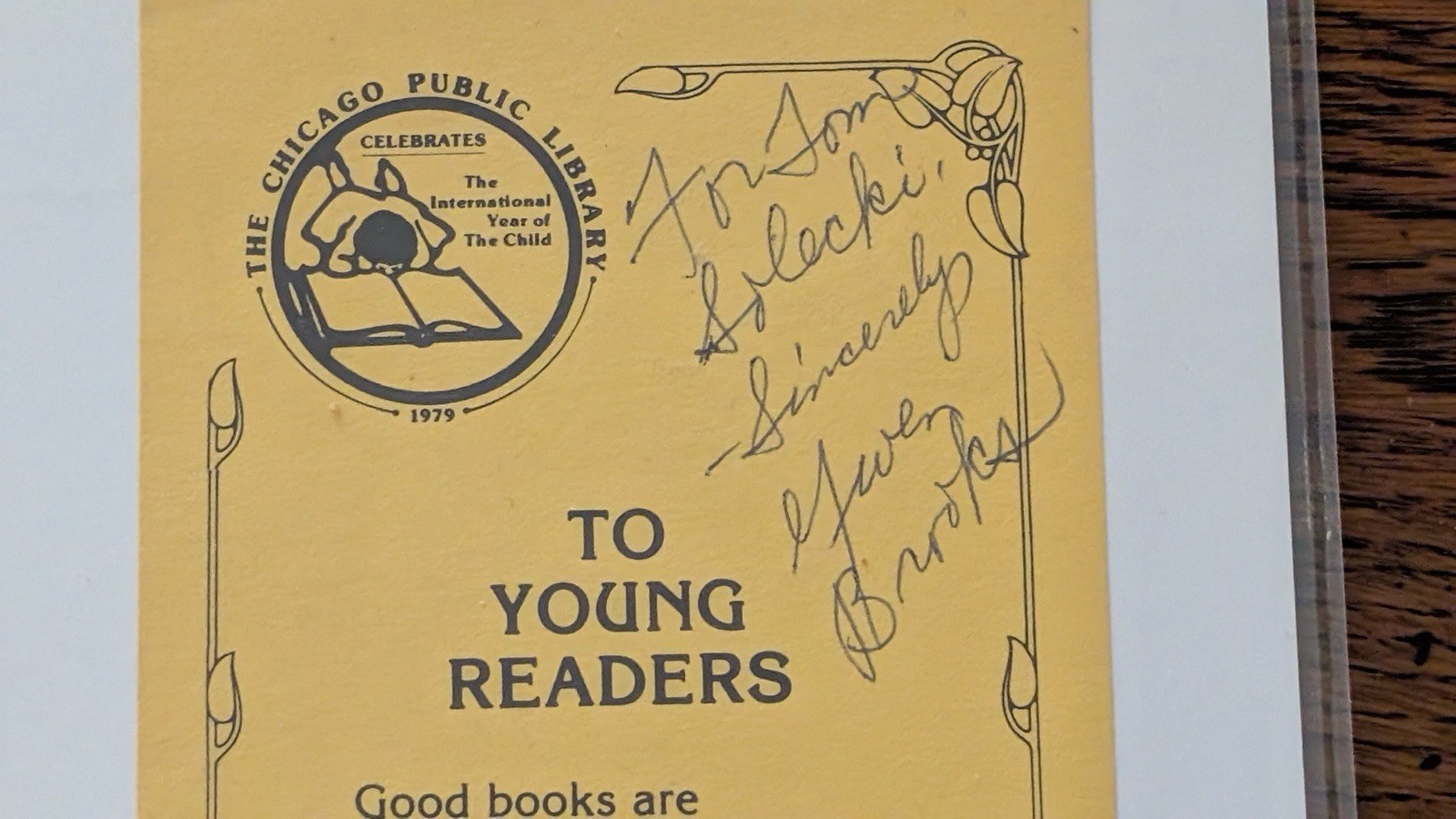 2 Signed Items by Gwendolyn Brooks – Selected Poems Book & To Young Readers Poem