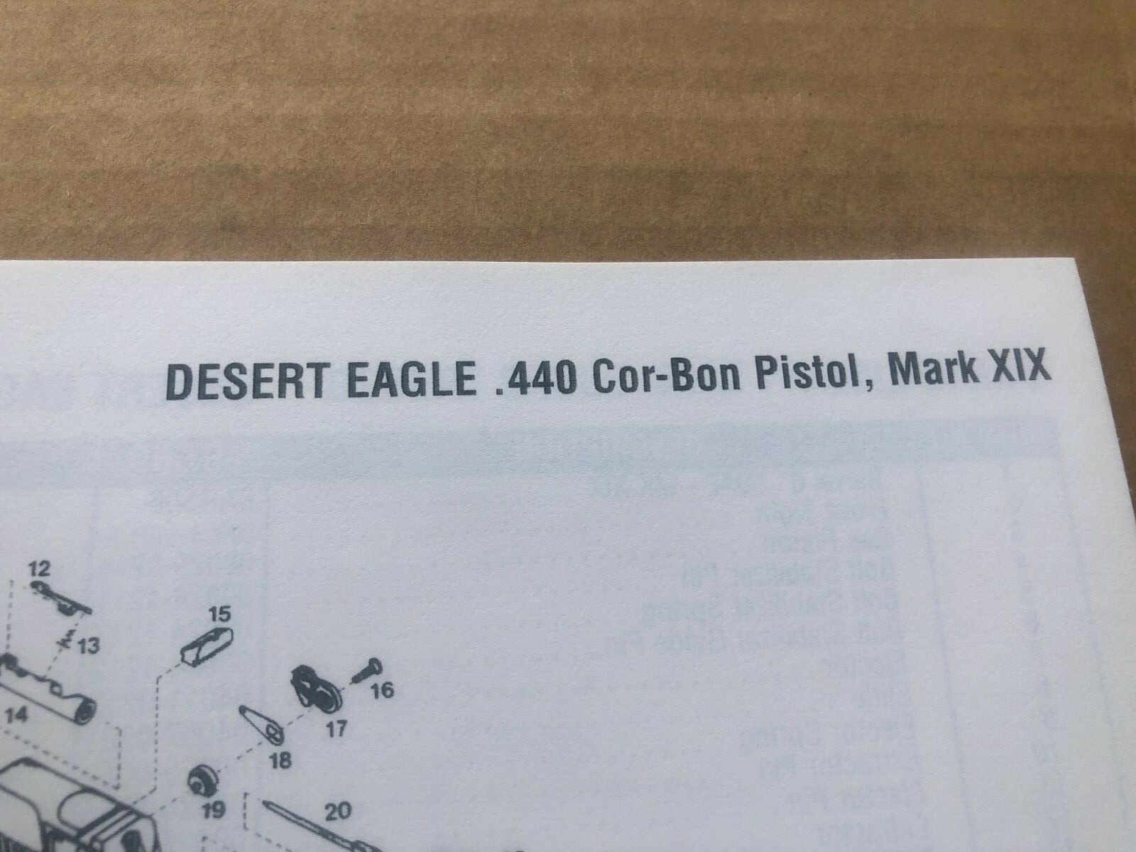 PARTS LIST/Booklet manual for a Desert Eagle Pistol,14 pages of info on this gun