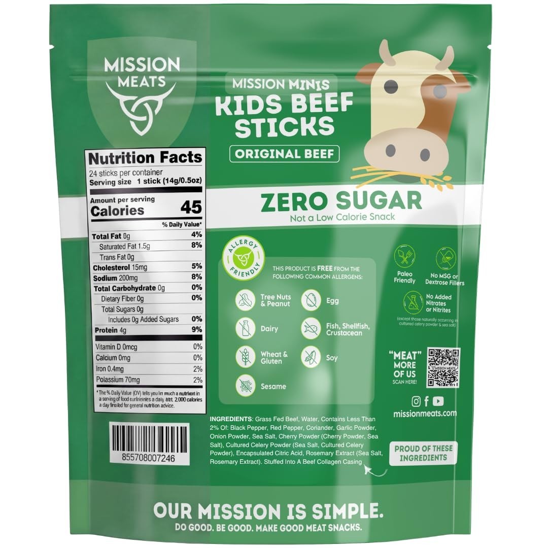 Nutritious Kids Beef Sticks – 24ct Grass Fed, No Added Sugar, Allergen Friendly